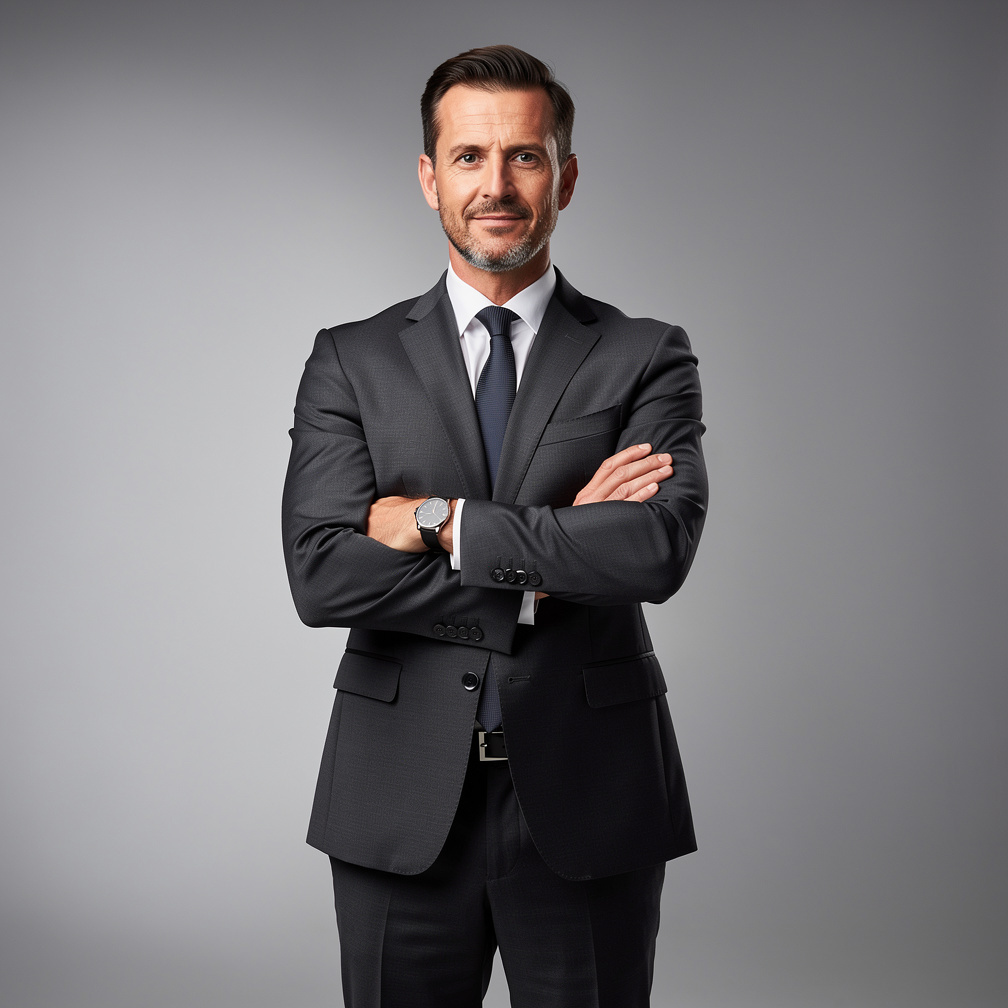 Studio portrait of a Belgian businessman in a suit