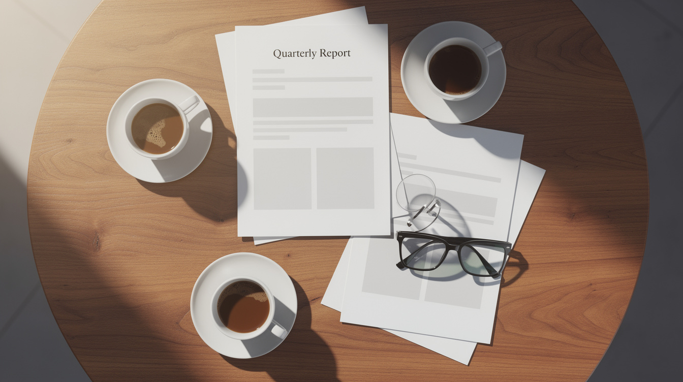 Overhead view of a meeting table with documents and coffee cups
